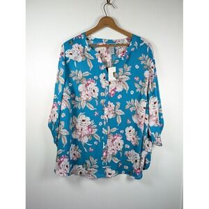 Catherines Tunic Top Women Size 2X 22/24 Boho Floral 3/4 Sleeve Cottagecore NEW
